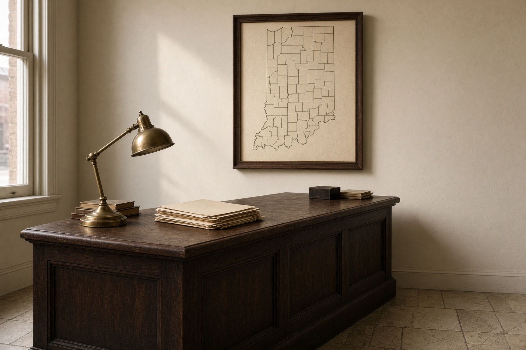 Walnut shop counter, brass lamp, and a framed Indiana map on a cream plaster wall.