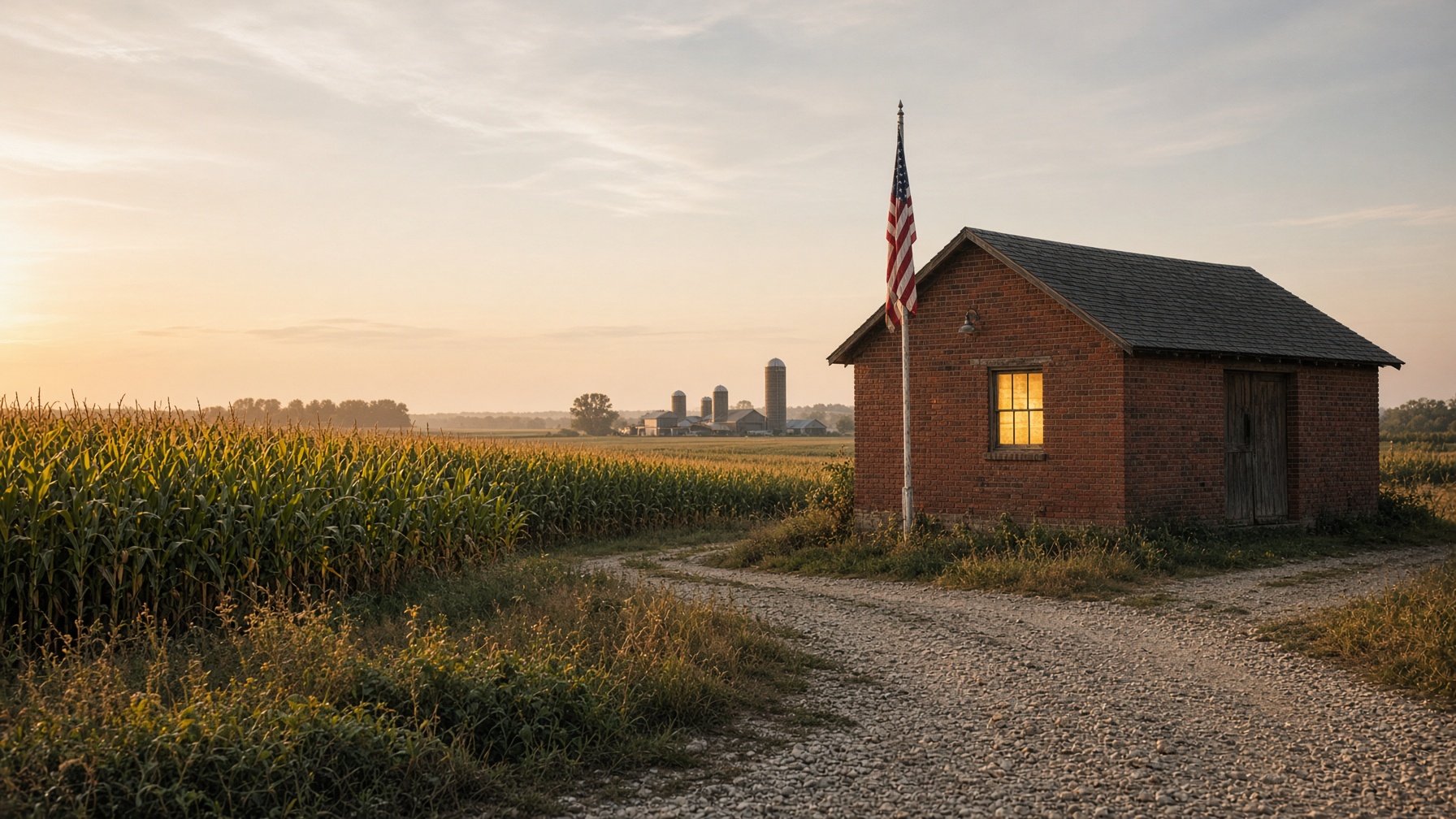 Brick workshop on a northeast Indiana farm at golden hour, American flag on a pole beside a limestone drive.