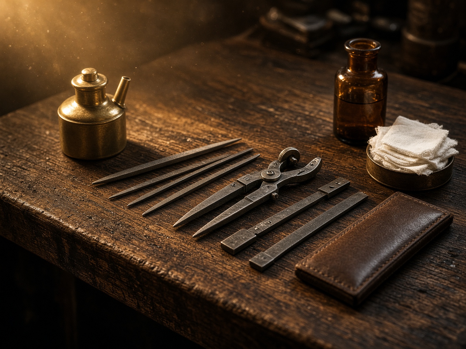 Walnut gunsmith bench with steel tools, brass oil can, and cotton patches in warm light.